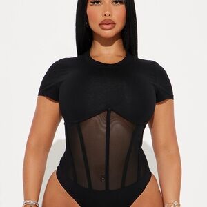 Fashion Nova Black Mesh Corset Tee Bodysuit